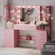 UGTOO 58.3" Pink Modern Makeup Vanity Desk with Adjustable LED Lights Dressing Table with Power Outlet & Large Mirror & Storage