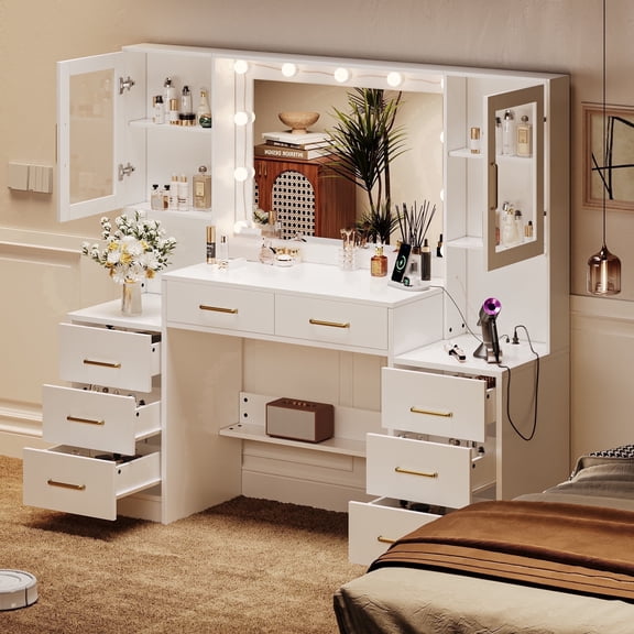 UGTOO 58" Large White Makeup Vanity Desk with Lights and Mirror, Modern Elegant Dressing Table with 3-Color Lighting, 8 Drawers, Acrylic Cabinets, Charging Station