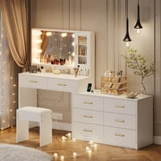 UGTOO 59" Makeup Vanity Desk with LED Lights & Mirror | 8 Drawers, USB Charging Station, Adjustable Storage, Stool Included | Sturdy Dressing Table for Bedroom