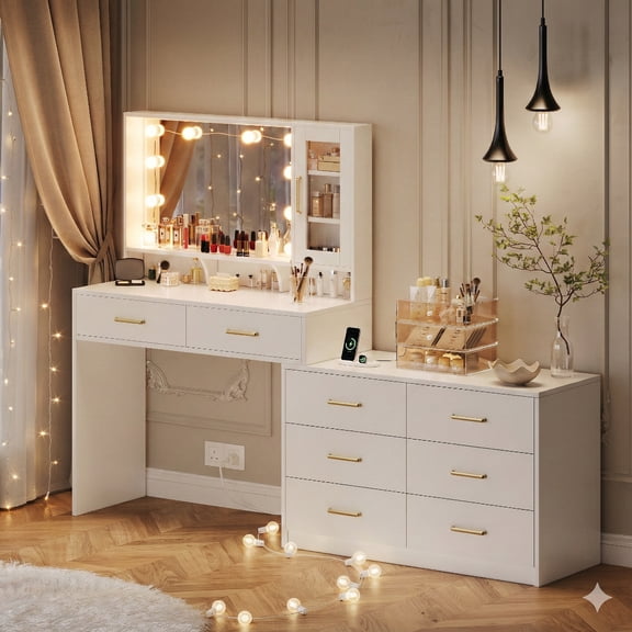 UGTOO 59" Makeup Vanity Desk with LED Lights & Mirror,8 Drawers,USB Charging Station,Adjustable Storage,Sturdy Dressing Table for Bedroom