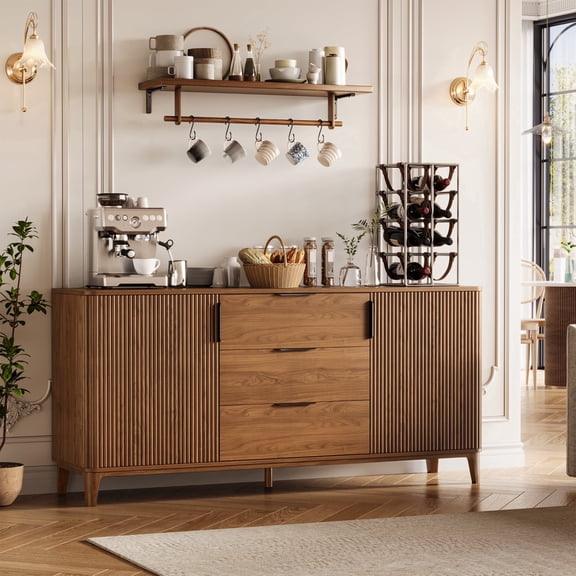 UGTOO 59" Fluted Buffet Sideboard Cabinet, Mid Century Walnut Credenza Coffee Bar Station with 3 Drawers 2 Storage Doors for Dining Room
