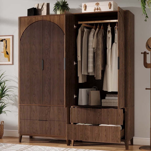 UGTOO 70"H 2-Door Armoire Wardrobe with 2 Drawers & Fluted Design Walnut Closet with Black Handles, Freestanding Clothes Storage Cabinet for Bedroom