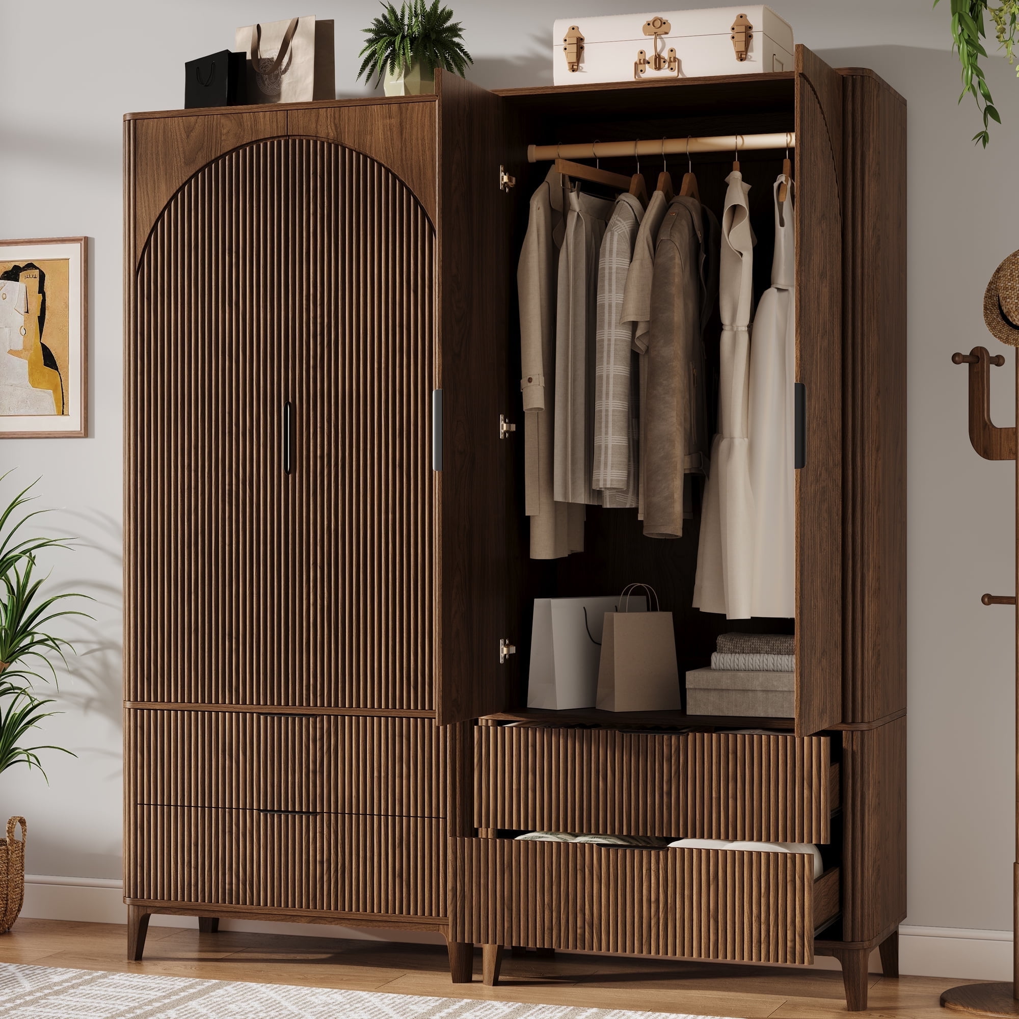 UGTOO 70"H 2-Door Armoire Wardrobe with 2 Drawers & Fluted Design Walnut Closet with Gold Handles, Freestanding Clothes Storage Cabinet for Bedroom