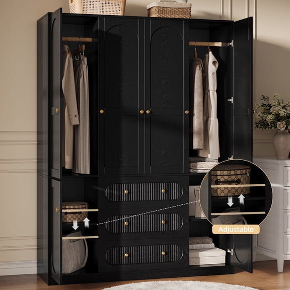 UGTOO 72"H 4-Door Wardrobe Armoire with 3 Hanging Rods & 3 Drawers – Black Wooden Closet Storage Cabinet, Large Capacity Freestanding Clothes Organizer for Bedroom