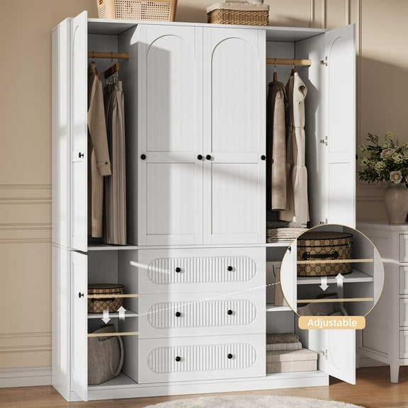 UGTOO 72"H 4-Door Wardrobe Armoire with 3 Hanging Rods & 3 Drawers – White Wooden Closet Storage Cabinet, Large Capacity Freestanding Clothes Organizer for Bedroom