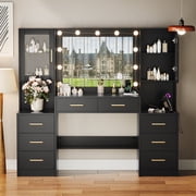 UGTOO 58" Black Vanity Desk with 8 Drawers & 2 Cabinets, Large Bedroom Dressing Table with LED Lighted Mirror & Power Strip, Modern Home Office Makeup Station, High-Capacity Storage Furniture