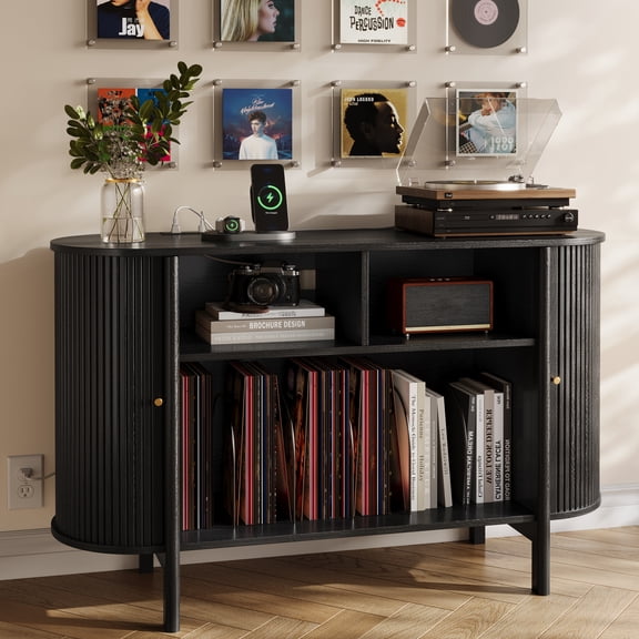 UGTOO Black TV Stand for 43 Inch TV, 2-in-1 Vinyl Record Cabinet with Charging Station, Sleek Media Console Table with Sliding Doors & Wire Dividers, Storage Buffet Credenza for Living Room