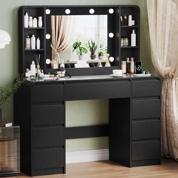 UGTOO Black Vanity Desk with Lighted Mirror & Charging Station, Large Makeup Table with 9 Drawers & Adjustable Shelves, 3 Color Lighting Modes, P2 Wood Bedroom Dressing Table (Assembly Required)
