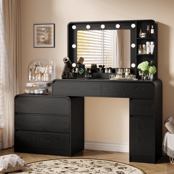 UGTOO Black Vanity Desk with Lighted Mirror & Charging Station, Large Makeup Vanity Table with 5 Drawers & Cabinet, 3 Color Lighting Modes, P2 Wood Bedroom Dressing Table (Assembly Required)