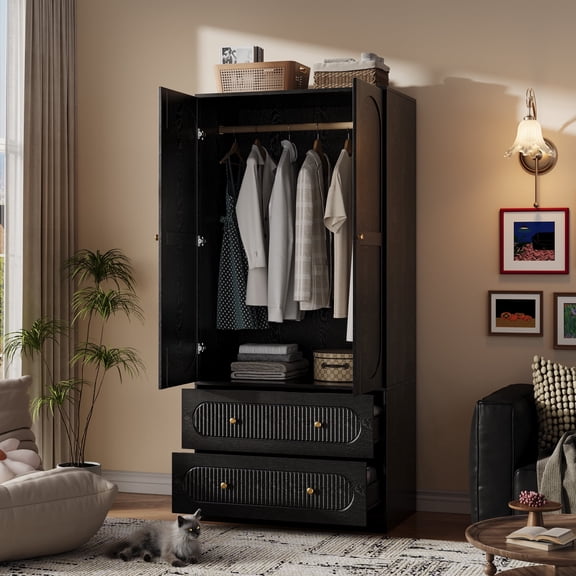 UGTOO Black Wardrobe Armoire with 2 Doors & 2 Drawers, Freestanding Closet Organizer with Hanging Rod, P2 Wood Bedroom Storage Cabinet with Anti-Tipping Device