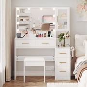 UGTOO White Vanity Desk with Lighted Mirror and Stool Set, Small Makeup Table with Charging Station & Gold Handles, 5 Drawers & Acrylic Cabinet Door, Modern Bedroom Dressing Table