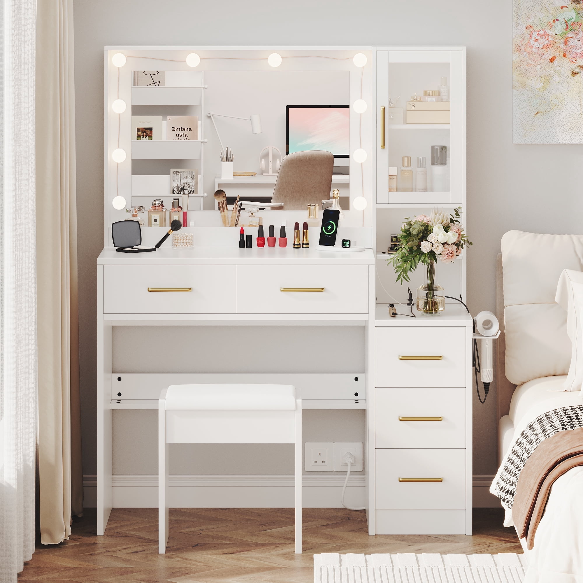 UGTOO Elegant White Vanity Desk with LED Mirror & Gold Handles - 5 Drawers, Storage Shelves & Stool (Built-in USB Charging, Easy Assembly)