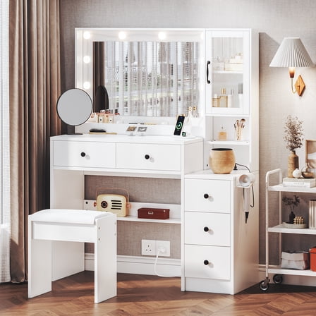 UGTOO 35.4" Makeup Vanity Set with LED Mirror & USB Charging - 3 Light Modes, 5 Drawers & Stool, White Modern Dressing Table