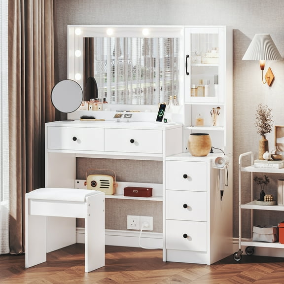 UGTOO 35.4" Makeup Vanity Set with LED Mirror & USB Charging - 3 Light Modes, 5 Drawers & Stool, White Modern Dressing Table