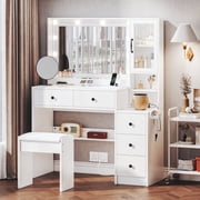 UGTOO 35.4 Makeup Vanity Set with LED Mirror & USB Charging - 3 Light Modes, 5 Drawers & Stool, White Modern Dressing Table