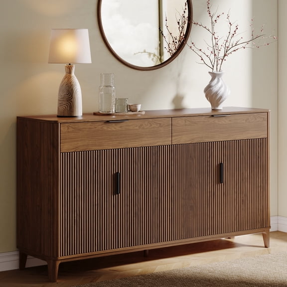 UGTOO 63" Walnut Fluted Sideboard Buffet Cabinet, Mid Century Modern Credenza Storage Table with 4 Doors 2 Drawers for Living Dining Room