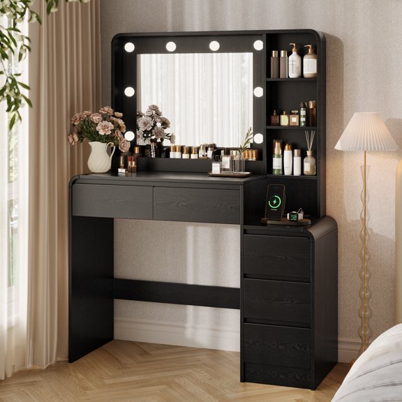 UGTOO Modern Black Makeup Vanity Desk with Lights and Mirror, Vanity Table with Built-in Charging Station (2 AC/USB/Type-C), 3 Color Lighting Modes, 5 Drawers & Storage Shelves for Bedroom