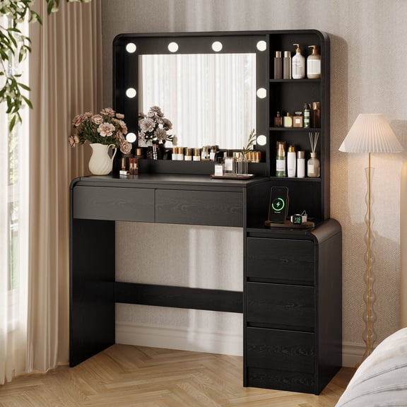 UGTOO Modern Black Makeup Vanity Desk with Lights and Mirror, Vanity Table with Built-in Charging Station (2 AC/USB/Type-C), 3 Color Lighting Modes, 5 Drawers & Storage Shelves for Bedroom