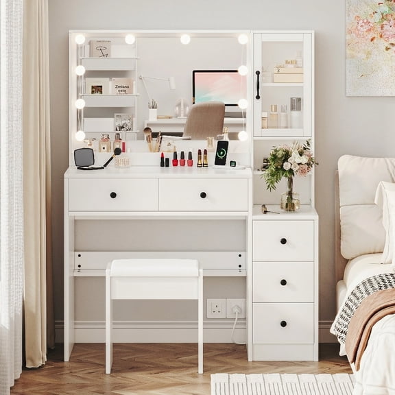 UGTOO Modern White Makeup Vanity Desk with Lighted Mirror & Stool Set, Small Vanity Table with Charging Station, 5 Drawers & Acrylic Cabinet, Space-Saving Dressing Table for Bedroom