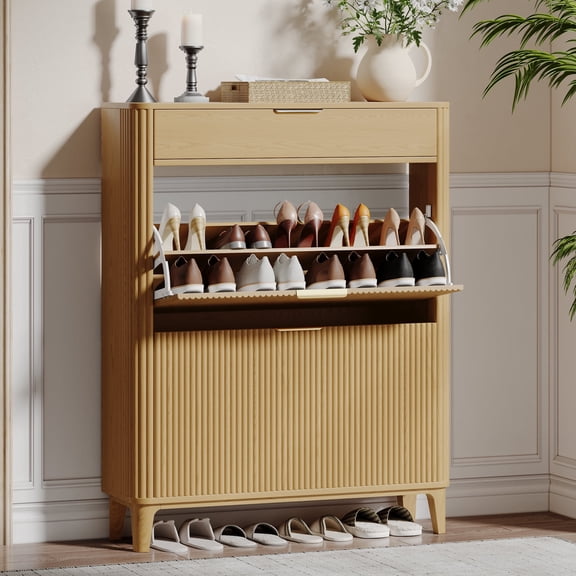 UGTOO Natural Oak Shoe Storage Cabinet with Fluted Doors, Slim Freestanding Shoe Rack for Entryway, Modern 2 Flip Drawer Shoe Organizer with Top Storage & Anti-Tipping Kit