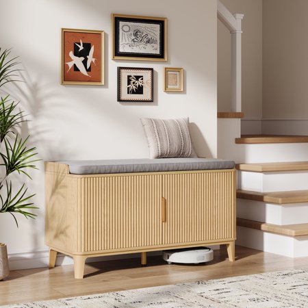 UGTOO Natural Wood Entryway Bench – Shoe Organizer with Cushioned Seat, 330 lb Load (39.3"L x 13.7"W)