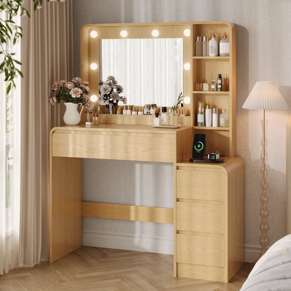 UGTOO Natural Wood Makeup Vanity Desk with Lights and Mirror, Japandi Boho Dressing Table with Charging Station & Type-C Port, Bedroom Beauty Vanity with 5 Drawers