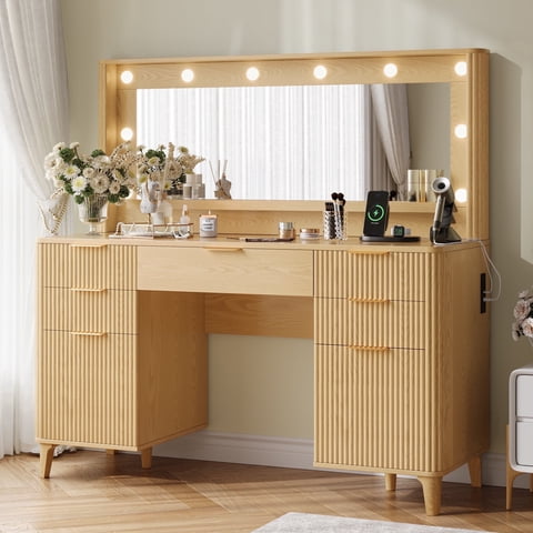 UGTOO Wood Vanity Desk – Large Horizontal Mirror, 10 LED Lights, 5 Drawers & Charging Station (48.8"L x 15.7"W)