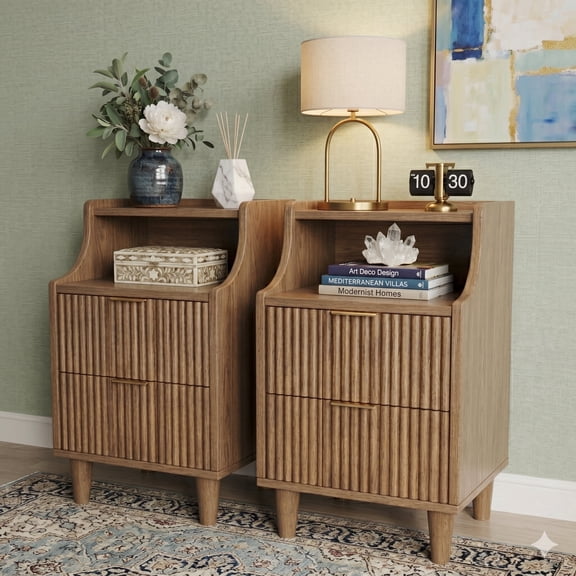 UGTOO Nightstands Set of 2, Mid-Century Modern Bedside Tables with 2 Fluted Drawers and Open Shelf, Narrow Walnut End Side Table for Bedroom Small Spaces