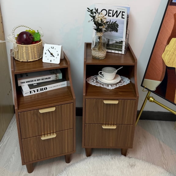 UGTOO Nightstands Set of 2, Mid-Century Modern Bedside Tables with 2 Fluted Drawers and Open Shelf, Narrow Walnut End Side Table for Bedroom Small Spaces