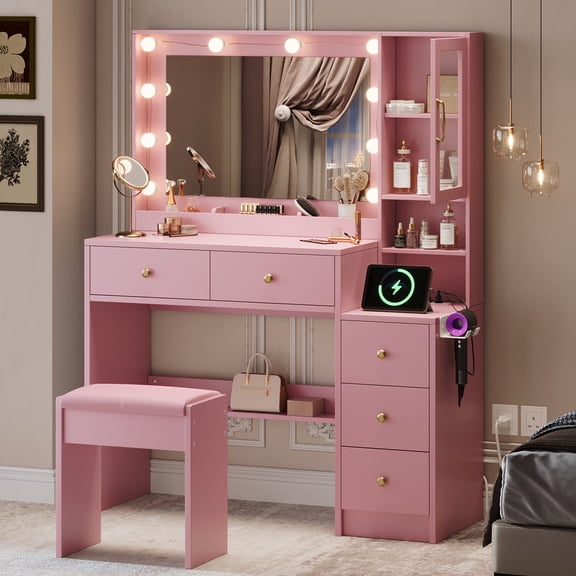 UGTOO Pink Vanity Desk with Lighted Mirror and Glass Display Cabinet, Makeup Table Set with Charging Station and Stool, 5 Drawers & Fluted Design, Modern Dressing Table for Bedroom and Small Spaces