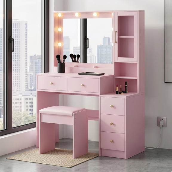 UGTOO Pink Vanity Desk with Lighted Mirror and Glass Display Cabinet, Makeup Table Set with Charging Station and Stool, 5 Drawers & Fluted Design, Modern Dressing Table for Bedroom and Small Spaces