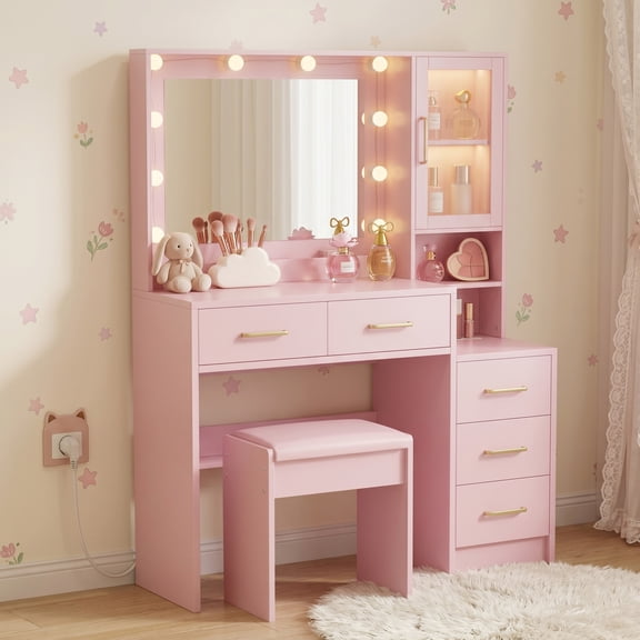 UGTOO Pink Vanity Desk with Mirror and Lights, Makeup Table Set with Padded Stool and Built-in Charging Station, 5 Storage Drawers & Adjustable Glass Cabinet, Modern Dressing Table for Bedroom