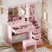 UGTOO Pink Vanity Desk with Mirror and Lights, Makeup Table Set with Padded Stool and Built-in Charging Station, 5 Storage Drawers & Adjustable Glass Cabinet, Modern Dressing Table for Bedroom
