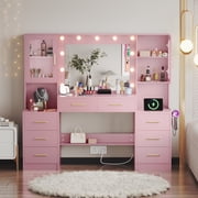 UGTOO Pink Vanity Desk with LED Lights   8-Drawer Makeup Table, 2 Cabinets & Power Outlets 58.27"L x 15.75"W