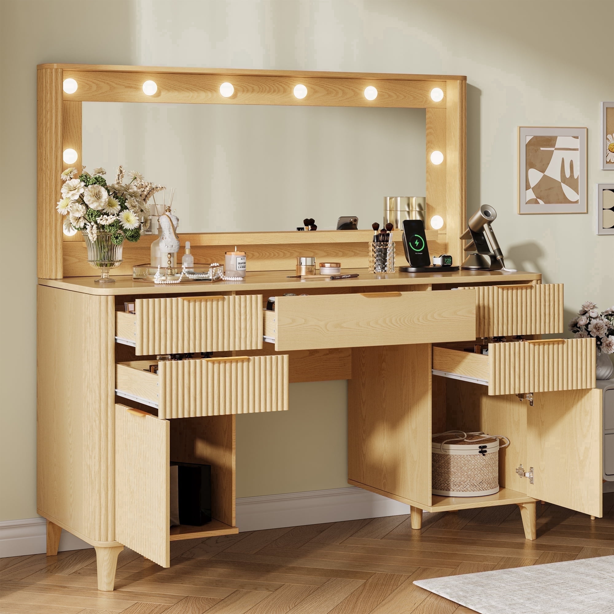 UGTOO Rustic Wood Vanity Table – LED Mirror, 5 Drawers, USB Ports, Vintage Gold Accents (54.3"H x 48.8"L)