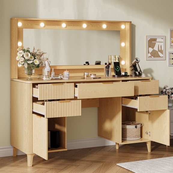 UGTOO Rustic Wood Vanity Table – LED Mirror, 5 Drawers, USB Ports, Vintage Gold Accents (54.3"H x 48.8"L)