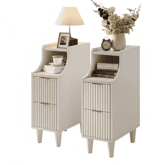 UGTOO Set of 2 White Nightstands with Storage Drawers, Modern Fluted End Tables with Gold Handles, Narrow Bedside Table Set for Small Spaces, White Finish