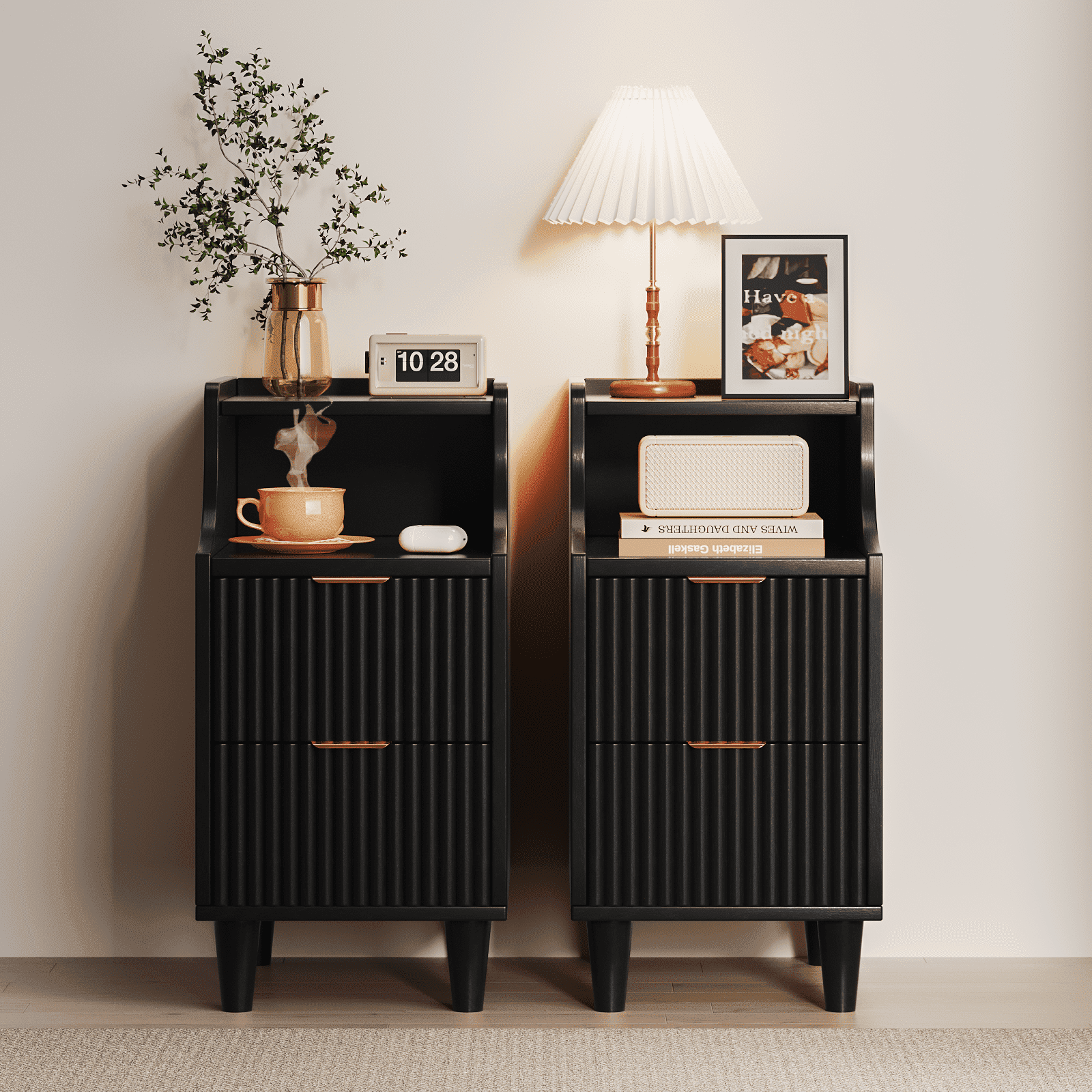 UGTOO -Set of 2 Modern Black Nightstands with Drawer and Storage Shelf, End Tables for Bedroom and Living Room, Easy Assembly