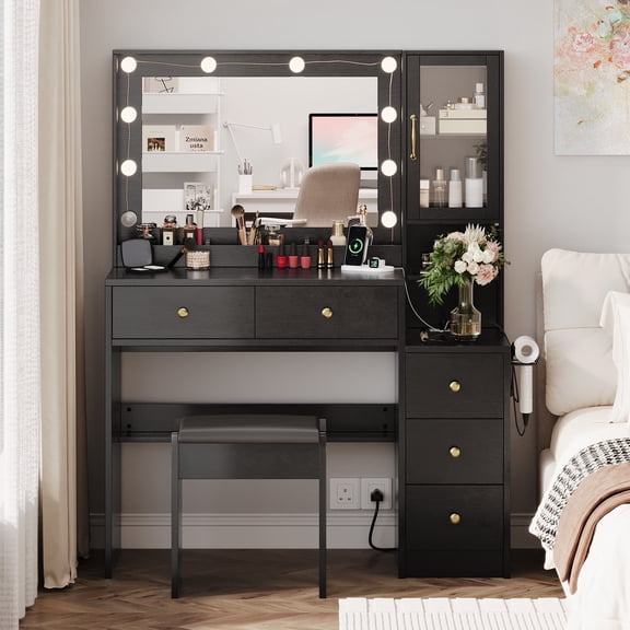UGTOO Sleek Black Vanity Desk with LED Lights & USB Outlets – 5 Drawers, Open Shelves & Matching Stool (Easy 1-Hour Assembly)