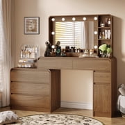UGTOO Vanity Desk with Lighted Mirror & Power Strip, Large Makeup Vanity Table with 5 Drawers & Storage Cabinet, 3 Color Lighting Modes, P2 Wood Bedroom Dressing Table Assembly Required, Walnut