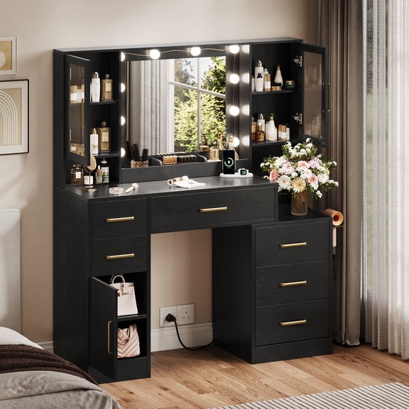 UGTOO Vanity Desk with Mirror and Lights, Makeup Vanity Table with Built-in Power Strip & USB Ports, Large Storage Bedroom Vanity with 6 Drawers & Acrylic Cabinets, Adjustable Shelves, Black