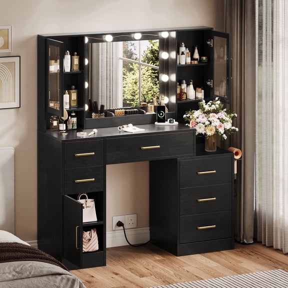 UGTOO Vanity Desk with Mirror and Lights, Makeup Vanity Table with Built-in Power Strip & USB Ports, Large Storage Bedroom Vanity with 6 Drawers & Acrylic Cabinets, Adjustable Shelves, Black