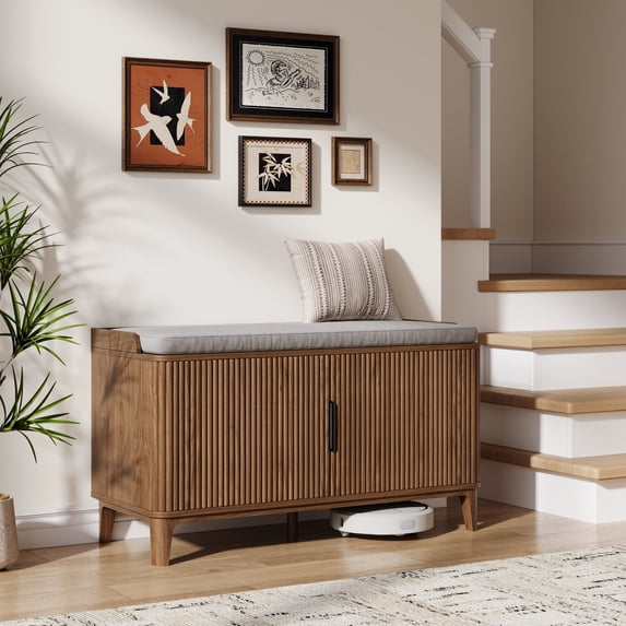 UGTOO Walnut Entryway Bench with Storage & Cushioned Seat Adjustable Shelves, 5 Sturdy Legs, Easy Assembly for Hallway/Closet (39.3"L x 21"H)