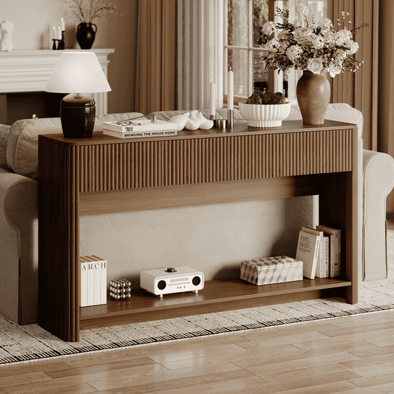 UGTOO Walnut Hollow Console Table – 3-Drawer Entryway Desk with Kick-Toe Design, 200 lb Capacity (47.2"L x 11.8"W)