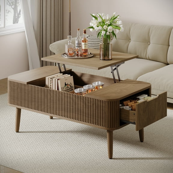 UGTOO Walnut Lift-Top Coffee Table with Storage – Modern 2-Drawer Design, Adjustable Height & Hidden Compartment (47.24" L x 22.04" W x 17.71"H)