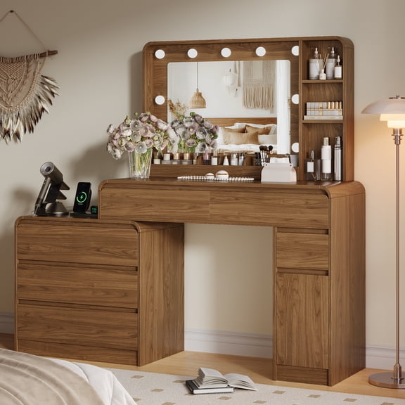 UGTOO Walnut Makeup Vanity Desk with Lighted Mirror & Charging Station, Large Vanity Table with 6 Drawers, Cabinet & Open Shelves for Bedroom