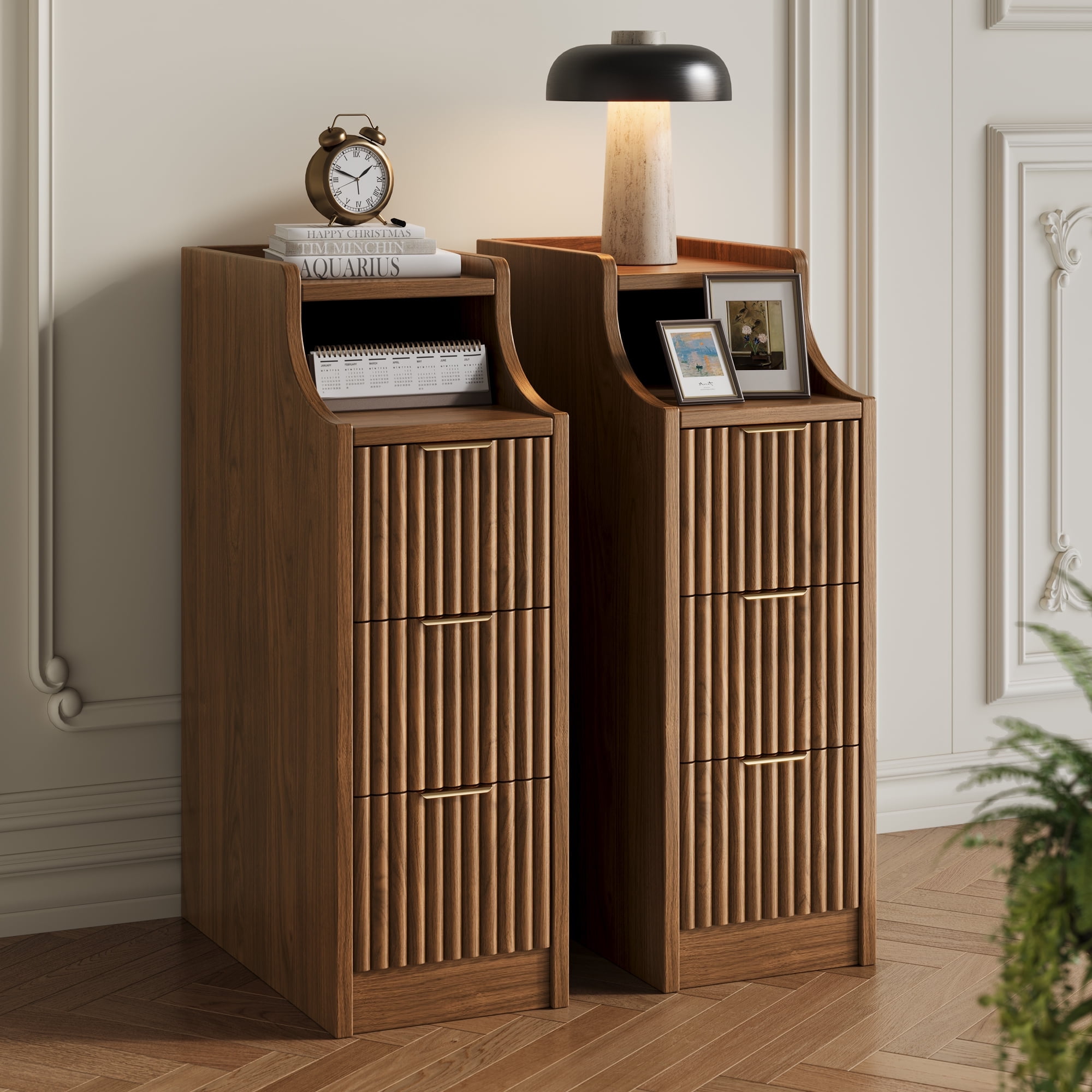 UGTOO Walnut Nightstand Pair – Slim 3-Drawer Bedside Tables with Open Compartment, Gold Accents (15.7"W x 23.6"H)