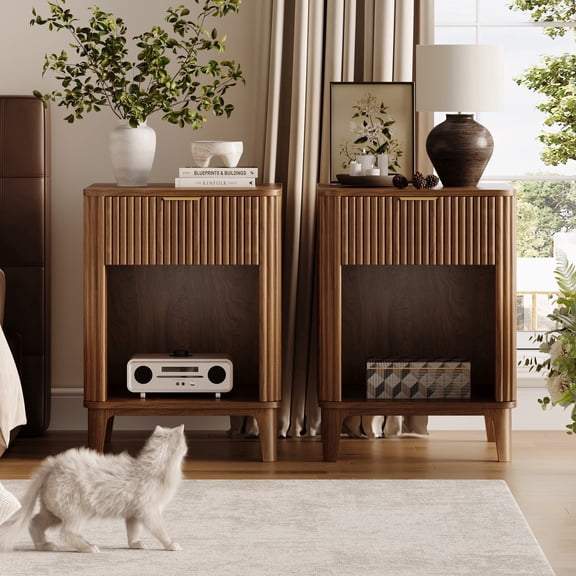 UGTOO Walnut 2PC Nightstand with Gold Handle – 1 Drawer & Open Shelf (Pet-Friendly Design), Easy Assembly, Sturdy & Stylish (15.75"L x 15.75"W x 23.23"H)