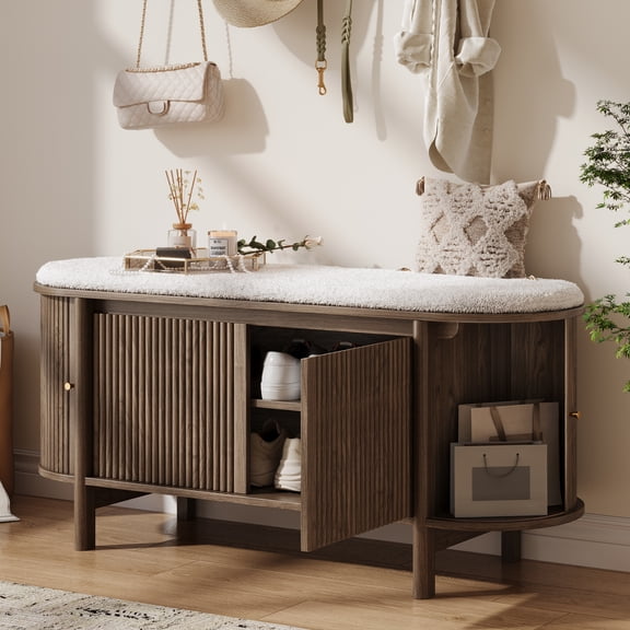 UGTOO Walnut Shoe Storage Bench with Removable Cushion, Mid-Century Fluted Shoe Cabinet with Sliding Doors & 3-Level Adjustable Shelves, Wood Entryway Storage Bench for Hallway Living Room