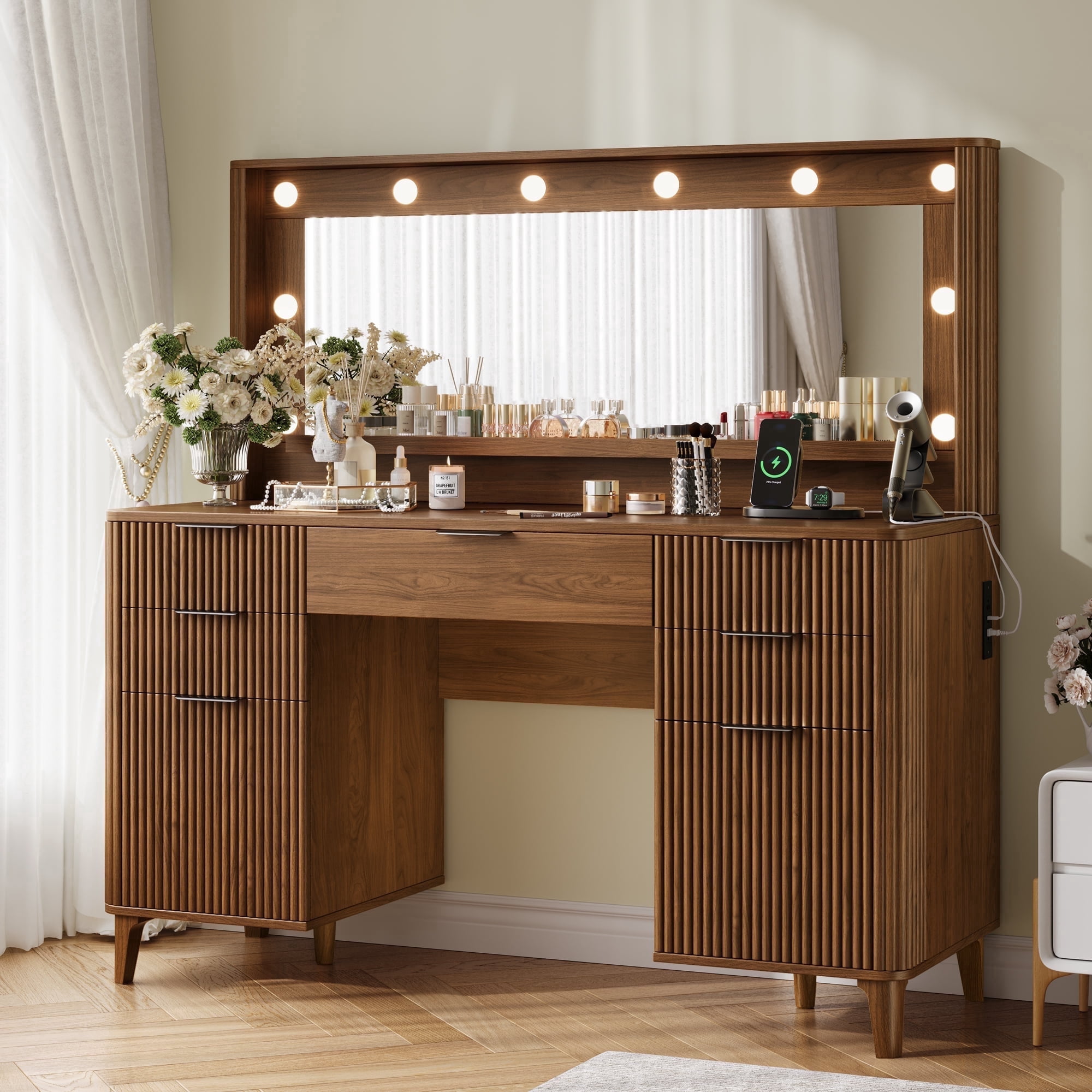 UGTOO Walnut Vanity Desk with Large Horizontal Mirror & LED Lights – 5 Drawers, Charging Station, Vintage Style (48.8"L x 15.7"W x 54.3"H)